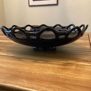 Vintage FOSTORIA Black Amethyst Glass, Open Lace Shallow Round Console Bowl